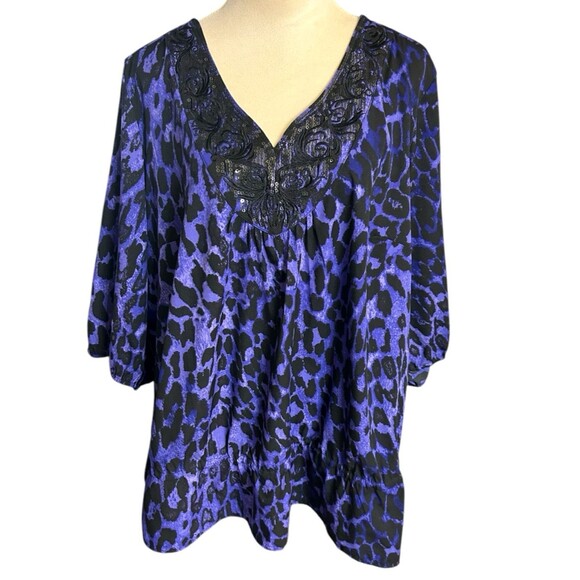 Lane Bryant Purple Leopard Print Sequin Peplum 3/4 Tunic Pullover Top Size 22/24 - Picture 1 of 9